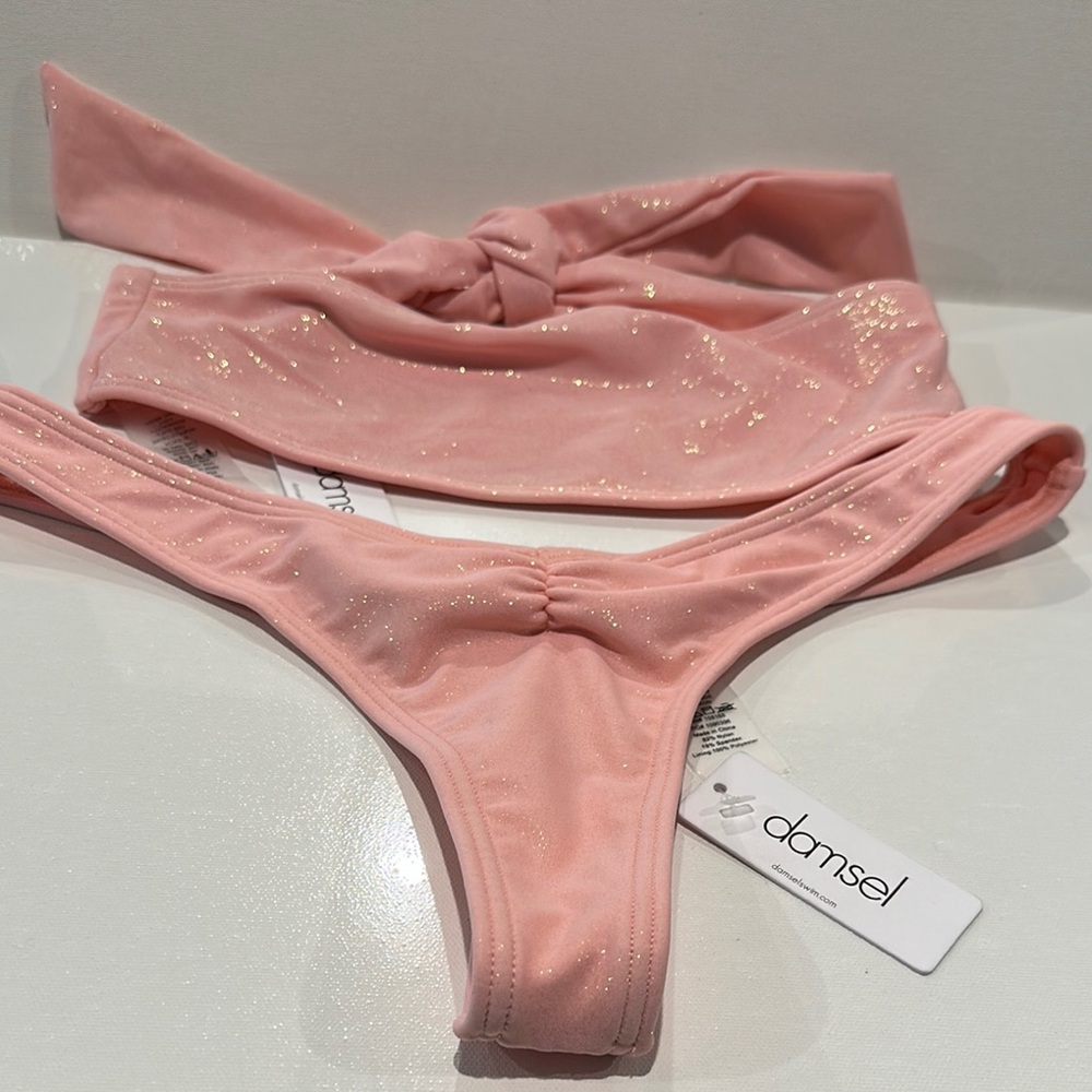 Damsel Teenie Weenie Pink Glitter Bikinis with tie back on the top. Size S